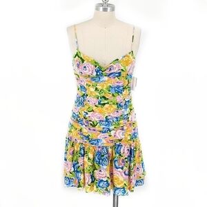 NEW Zara Floral Ruched Mini Dress Yellow L 90s y2k retro party cocktail summer